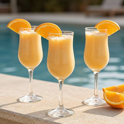 Photograph of three tall, clear glasses with orange slushies, each garnished with a slice of orange, on a poolside ledge.