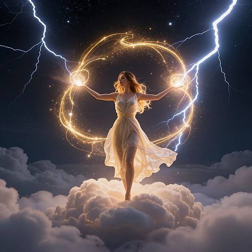 Photograph-style digital art: Woman in flowing white dress stands on cloud, creating glowing circular light with hands, surrounded by lightning bolts in starry night
