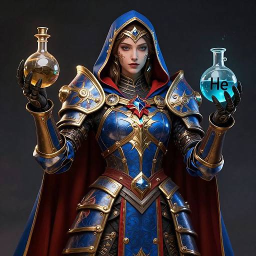 CGI fantasy image of a armored woman with blue and gold armor, red-lined cape, holding glowing flasks labeled 