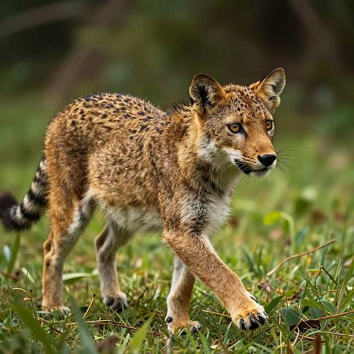 Photograph of a young cheetah with golden-brown fur, black spots, and white underbelly, walking through green grass in a forest