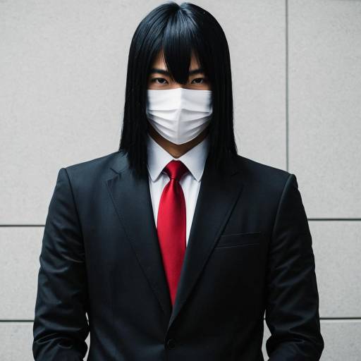Man in Black Suit and Red Tie Wearing White Mask
