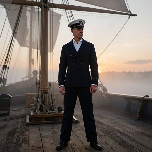 Photograph of a stern male naval officer in dark uniform and white peaked cap, standing on a misty, wooden ship deck at sunset. Sail rig