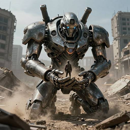 Photorealistic CGI of a massive, silver, futuristic robot with glowing blue eyes, kneeling in a war-torn, rubble-filled urban landscape, holding