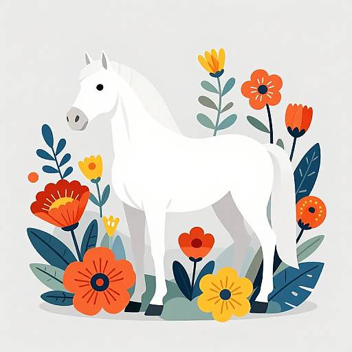 Minimalist White Horse with Vibrant Flowers