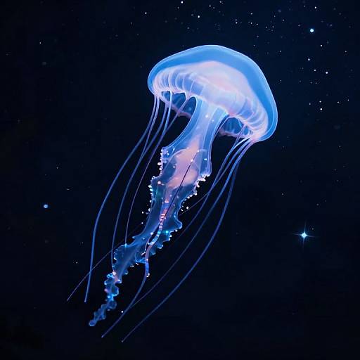 Glowing blue jellyfish with translucent, flowing tentacles against a dark, starlit ocean background. Digital illustration with vibrant, luminous details.