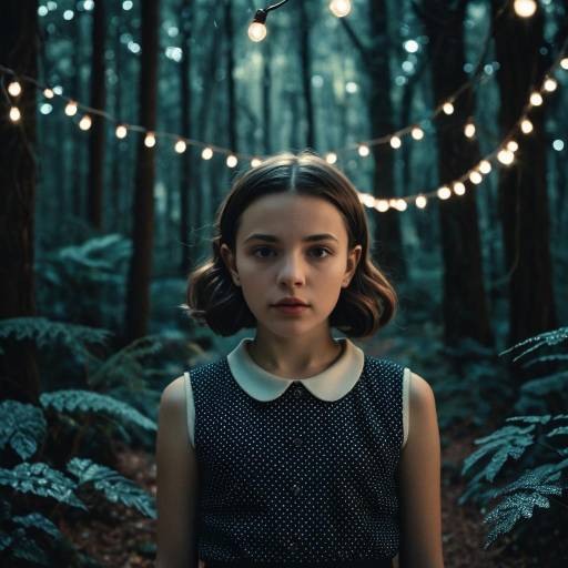 Young Girl in Forest with Fairy Lights