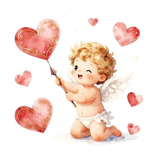 Whimsical Watercolor Cupid with Golden Filigree