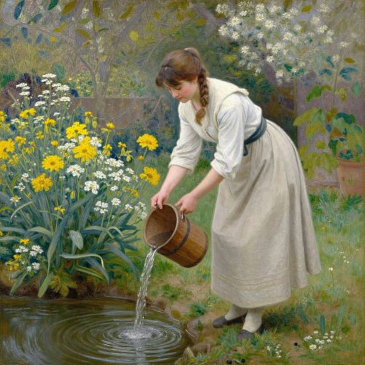 A young woman in a white blouse and beige skirt pours water from a wooden bucket into a garden pond, surrounded by blooming yellow and white dais
