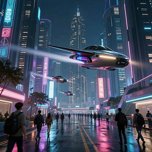 Neon-lit futuristic city street at night with flying cars, glowing skyscrapers, and pedestrians. Digital art style, vibrant blues, pinks