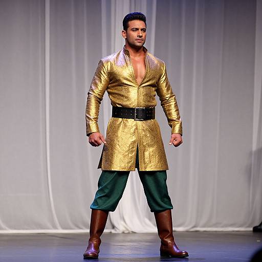 Photograph of a muscular man in a shiny gold, long-sleeve, open-front coat, black belt, green pants, brown boots, standing