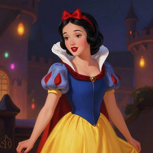 Digital art of Snow White in her iconic blue dress with yellow skirt, red bow, white collar, and red cape, standing in a magical, castle