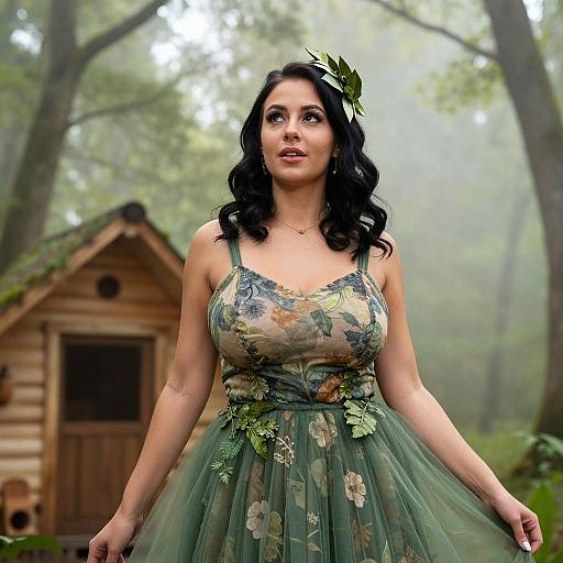 Photograph of a curvy woman with long black hair, wearing a green floral dress, standing in a misty forest with a wooden shed in the