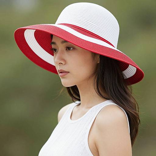 Photograph of an Asian woman with long black hair wearing a white sleeveless top and a wide-brimmed red and white hat, standing against a