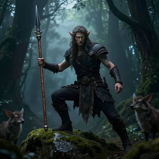 Digital art of a muscular, dark-haired, elf warrior with pointed ears, holding a spear, standing on a mossy rock in a mystical forest,