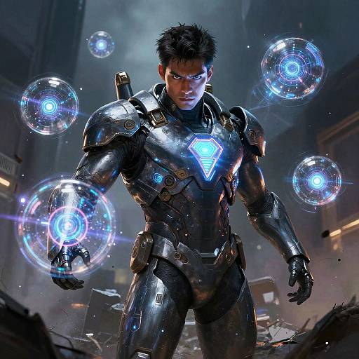Photorealistic CGI of a muscular man in a glowing, black, futuristic armor with blue diamond emblem, surrounded by floating blue orbs, in a dark