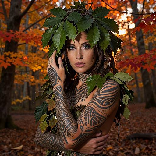 Tattooed woman with leaf crown in autumn forest, vibrant orange and red leaves, intense blue eyes, detailed black tribal tattoos, bare-chested