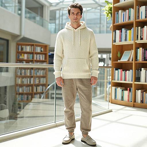 Photograph of a young man with short brown hair, mustache, wearing a white knit hoodie, beige pants, and white sneakers, standing in a