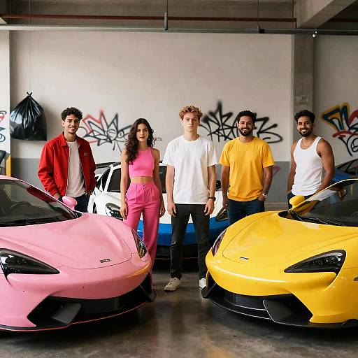 Five Friends with Colorful Sports Cars