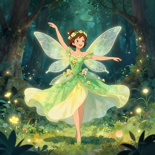 Digital anime-style illustration of a fairy with translucent wings, green dress, flower crown, and glowing lights in a mystical forest.
