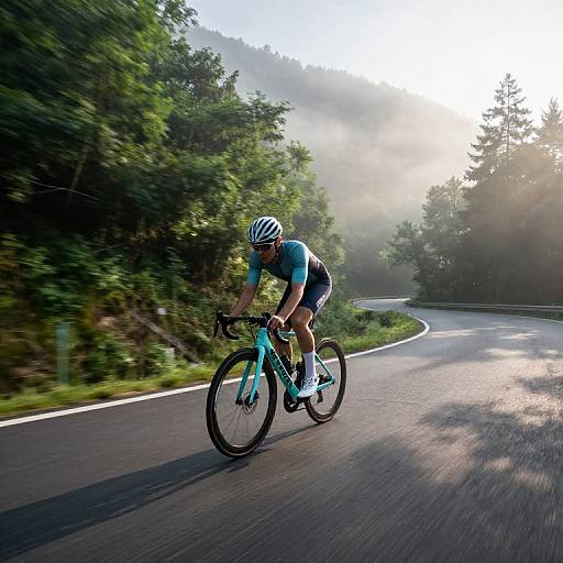 Photograph of a male cyclist in blue and black gear, white helmet, riding a blue road bike on a winding, sunlit, forested road