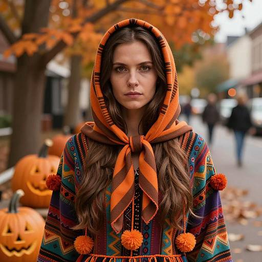 Bohemian Woman in Halloween Outfit with Pumpkins