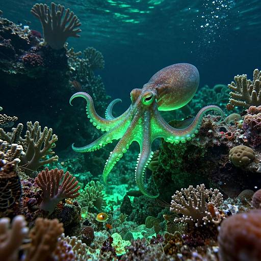 Photograph of a glowing green octopus with outstretched tentacles amidst a vibrant coral reef, illuminated by underwater light.