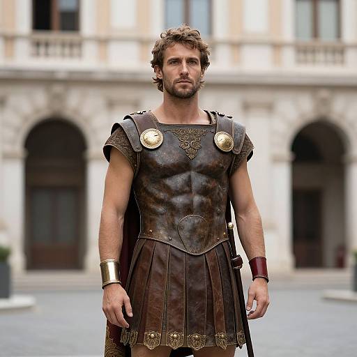 Photorealistic CGI of a muscular, bearded man in ancient Roman armor with gold accents, standing in a blurred, arched building courtyard.