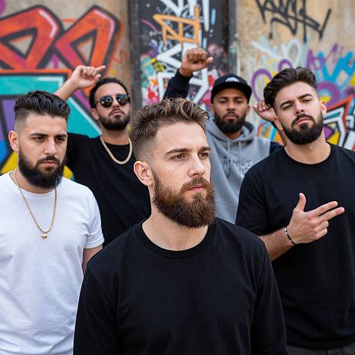 Photograph of five bearded, brown-haired men in black and white shirts, standing in front of colorful graffiti-covered wall, making peace signs and finger