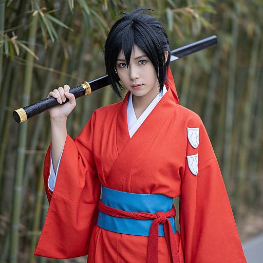 Photograph of a young woman with black hair in a red kimono with blue obi, holding a black katana over her shoulder, standing in