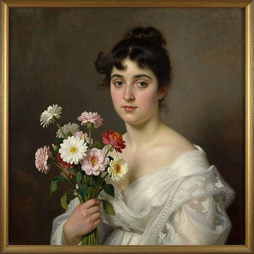 Portrait of a young woman with fair skin, dark curly hair, and delicate features, holding a bouquet of colorful flowers, wearing a white, lace-tr