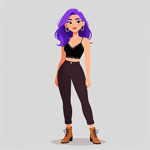Digital illustration of a confident woman with vibrant purple hair, wearing a black lace crop top, high-waisted black pants, and brown lace-up boots