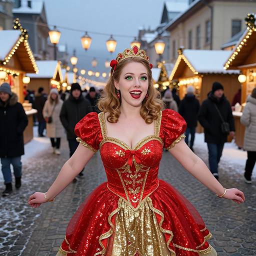 Photograph of a smiling woman in a red and gold fairy-tale inspired dress with puffed sleeves, crown, and red hair, standing in a