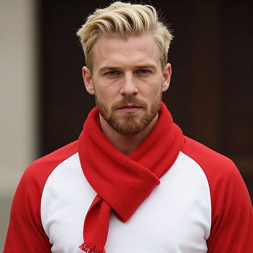 Confident Blonde Man in Red Outfit