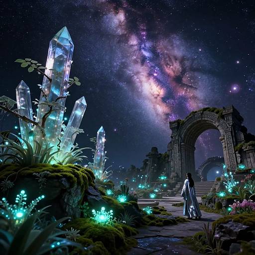 Fantasy night scene with glowing crystal formations, bioluminescent plants, a robed figure, and a starry, galaxy-filled sky over ancient