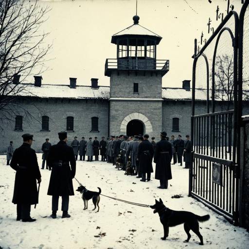 Historical Prison Arrival Scene with Guards and Dogs