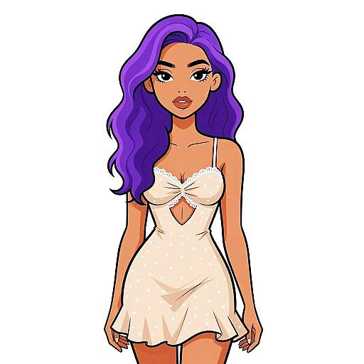 Digital illustration of a curvy, light-skinned woman with long, wavy purple hair, wearing a white, lace-trimmed, cleavage