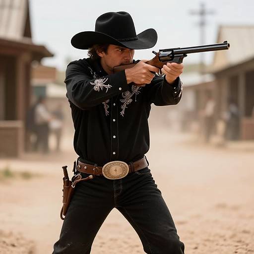 Photograph of a man in a black cowboy hat and shirt, aiming a revolver in a dusty Western town, with blurred buildings and people in the background