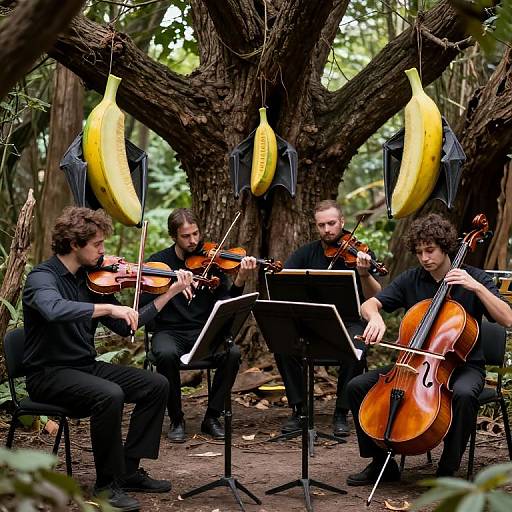 Photograph of four male string musicians in black attire playing violins under a large tree, with yellow bananas hanging above.