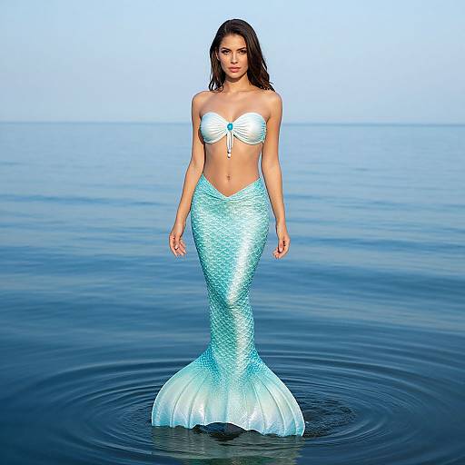 Digital art of a beautiful mermaid with long dark hair, wearing a white strapless top and blue gradient mermaid tail, standing in calm ocean waters