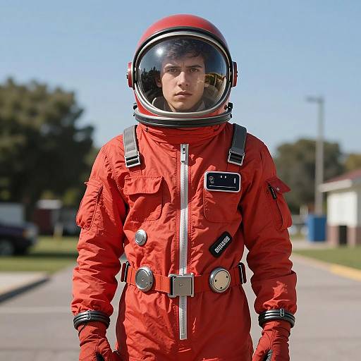 Young man in red astronaut suit outdoors