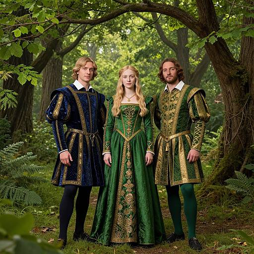 Photograph of three medieval-style individuals standing in a lush, green forest; two men in ornate blue and green tunics, one woman in a