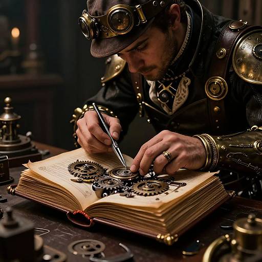 Steampunk inventor, wearing brass goggles and hat, meticulously draws gears into an open book on a cluttered, dimly-lit wooden table.