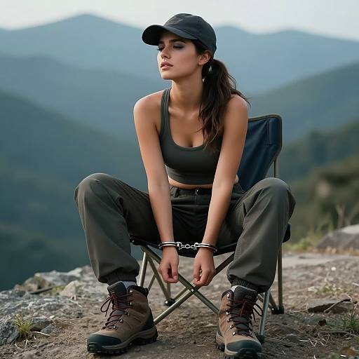 Photograph of a young woman with long dark hair in a ponytail, wearing a black cap, sports bra, and olive pants, sitting on a