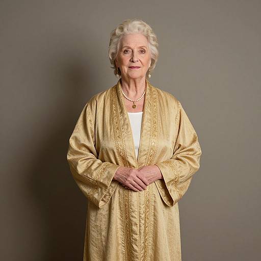 Photograph of an elderly white woman with short, curly white hair, wearing a gold embroidered robe over a white blouse, standing against a plain gray background