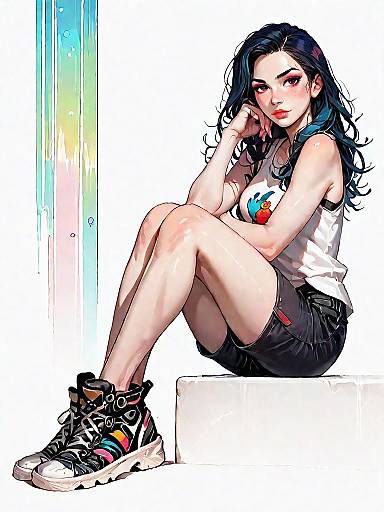 Casual Young Woman Sitting in Graphic Tank Top