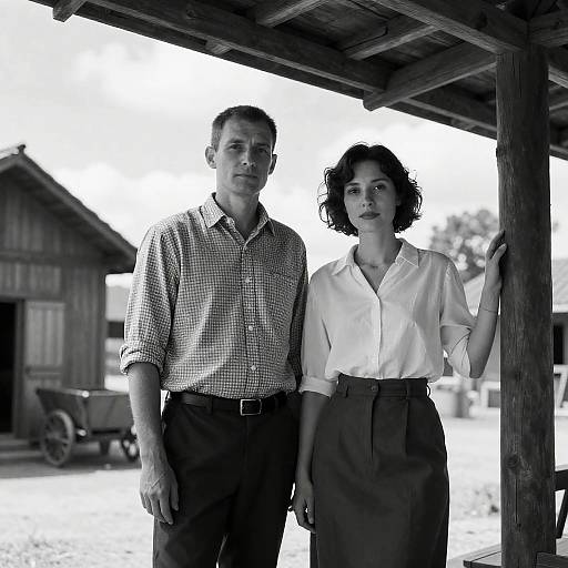 Black and White Portrait of Couple Under Wooden Roof