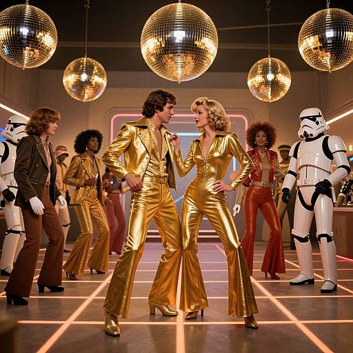 Photograph of a 1970s disco dance scene featuring a golden-clad couple dancing in front of mirrored balls, surrounded by Stormtroopers and