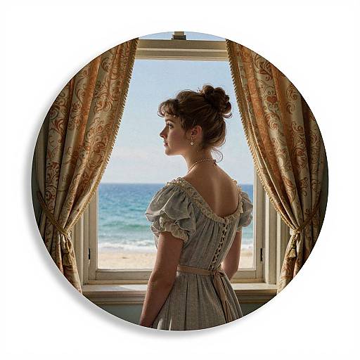 Photograph of a woman in a Victorian-style dress, looking out a window with floral curtains, overlooking a beach and ocean. Circular frame.