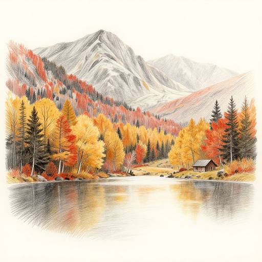 Vibrant digital painting of an autumn forest with yellow, orange, and red leaves, reflecting in a calm lake, with a small cabin and snow