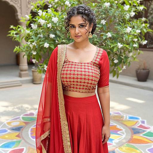 Photograph of an Indian woman with dark curly hair in a red traditional outfit with gold embroidery, standing in a garden courtyard with colorful mosaic floor and white